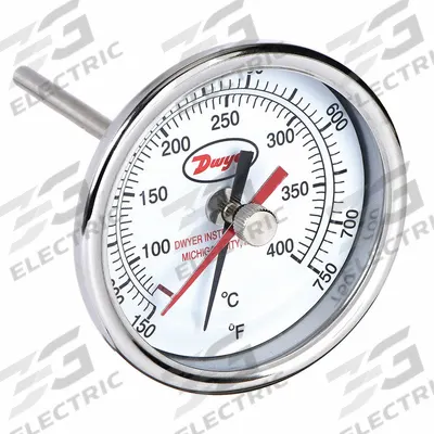 Dwyer Min/Max Dial Thermometer: 150°F to 750°F to 65.5°C to 398.9°C, +/- 2% Accuracy - Min/Max-Reading Thread-Mount Dial Thermometers