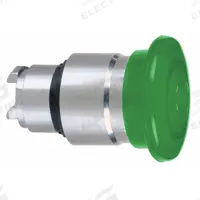 SCHNEIDER Mushroom Head Push Button: Green, 22 mm Mounting Size, Metallic, Maintained (MPN ZB4BW633). Key specifications — Brand: SCHNEIDER; Action: Maintained; Series: XB4; Push Button Material Type: Metallic.