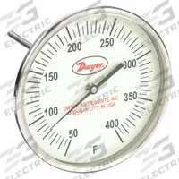 DWYER Glow-in-the-Dark Dial Thermometer: 20°F to 240°F, +/- 1% Accuracy, 5 in Dial Dia, Male (MPN GBTB525141). Key specifications — Accuracy: +/- 1%; Brand: DWYER.