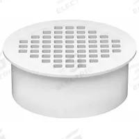 OATEY Floor Drain: 4 1/2 in Overall Dia, 4 1/2 in Grate Size, 4 in Nominal Pipe Size, Solvent Weld (MPN 43569). Key specifications — Color: White; Connection Type: Solvent Weld; Brand: OATEY.