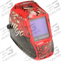 LINCOLN ELECTRIC Welding Helmet: Auto-Darkening, 4 Arc Sensors, Black/Red/White, Mojo, W5 to W13 (MPN K3101-4). Key specifications — Color: Black/Red/White; Suspension Adjustment Type: Ratchet; Series: Viking 3350; Graphics: Mojo; Viewing Area: 3.74 in x 3.34 in; Brand: LINCOLN ELECTRIC; Grind Mode: Yes; Helmet Material: Nylon.
