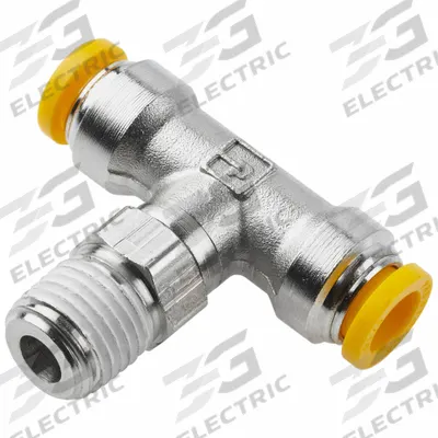 PARKER Push-Fit Tee Fitting: 6 mm OD x 6 mm OD x 1/4 in Pipe Size, Brass - Nickel-Plated Brass Tube Fittings