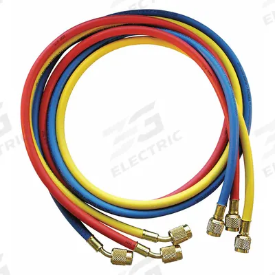 JB INDUSTRIES Hose Set: 5 ft Lg, 45° Angle, Blue/Red/Yellow, Rubber/Kevlar - Charging Hose Sets