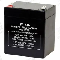 APPROVED VENDOR Sealed Lead Acid Battery: 12V DC, 5 Ah Capacity, 4 in Ht, 3.54 in Wd, 2.76 in Dp (MPN 2UKJ9). Key specifications — Terminal Connection: 0.250 in Faston; Battery Cycle Type: Deep Cycle; Brand: APPROVED VENDOR; Housing Material: ABS.