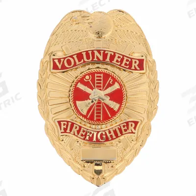 HEROS PRIDE Metal Badge: Volunteer Firefighter - Oval, 2 1/4 in x 3 1/8 in, Gold, Metal - Metallic Badges