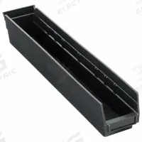 QUANTUM STORAGE SYSTEMS Shelf Bin: 23 5/8 in Overall Lg, 4 1/8 in x 4 in, Black, Nesting Capable (MPN QSB105CO). Key specifications — attr1179622: QUANTUM STORAGE SYSTEMS; attr1179611: 0%; attr1179616: QSB105CO; attr1179624: Dividers Not Included; attr1249172: Electrostatic Discharge Conductive.