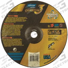 NORTON Depressed Center Grinding Wheel: Type 27, 9" x 1/4" x 7/8", Ceramic, 20 Grit, Quantum 3 SG (MPN 66253370802). Key specifications — Series: Quantum 3 SG; Brand: NORTON.