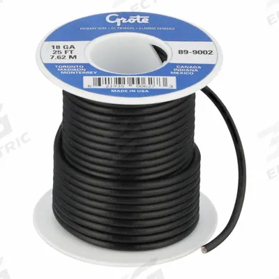 GROTE Primary Automotive Wire: GPT, 25 ft, 1 Conductor, 18 AWG, Black - PVC-Insulated General Purpose Primary Wires