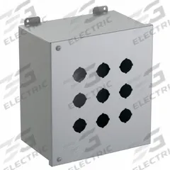 HAMMOND Push Button Enclosure: 30mm, 9 Holes, Carbon Steel, NEMA 12 (MPN 1489P9). Key specifications — attr211299: HAMMOND; attr1043605: Indoor Dust & Water Droplets.