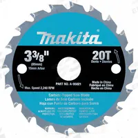 MAKITA Circular Saw Blade: 3 3/8 in Blade Dia., 20 Teeth, 0.04 in Cut Wd, 9/16 in Arbor Size (MPN A-95021). Key specifications — attr1116119: MAKITA; attr1145631: Wood.