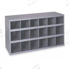 DURHAM MFG Pigeonhole Bin Unit: 34 in x 12 in x 18 in, 18 Compartments, Gray, Steel, Powder Coated (MPN 354-95). Key specifications — attr7229: Steel; attr38869: DURHAM MFG; attr38873: Gray.