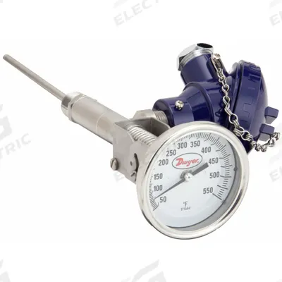 Dwyer Dial Thermometer With Process Output: 50°F to 550°F, +/- 1% Accuracy, 2.5 in Stem Lg - Thread-Mount Transmitting Dial Thermometers