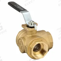 BONOMI Manual Three-Way Ball Valve: 1 1/2 in, Brass, T Flow, FNPT x FNPT x FNPT, Std Port Ball Port (MPN 355N-11/2"). Key specifications — Brand: BONOMI; Handle: Lever.