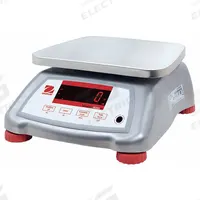 OHAUS Food Scale: 7 1/2 in Weighing Surface Dp, 9 1/2 in Weighing Surface Wd, 4 7/8 in Overall Ht (MPN V22XWE1501T). Key specifications — Readability: 0.0005 lb/0.2 g; Brand: OHAUS; IP Rating: IPX8.