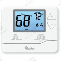 ROBERTSHAW Digital Wall Thermostat,Non-Programmable: Heat and Cool, Manual, O/B, Heat-Cool-Off (MPN RS8110). Key specifications — Application: Heat and Cool; Key Features: Universal Sub-Base; Temperature Differential: 0.2°F to 2°F; Voltage: 24V AC; Terminal Designations: O/B; System Settings: Heat-Cool-Off; Temperature Control Range: 44° to 90°F; Changeover Type: Manual.