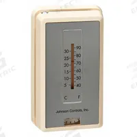 JOHNSON CONTROLS Pneumatic Thermostat: 12° to 28°C, 1 Pipe, Low Volume Pipes/Air Flow Output, Direct (MPN T-4100-3). Key specifications — Temperature Control Range: 12° to 28°C; Number of Pipes/Air Flow Output: 1 Pipe, Low Volume; Thermostat Action: Direct; Mounting Direction/Includes Cover: Vertical, Yes; Brand: JOHNSON CONTROLS.