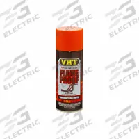 VHT Flameproof Coating: Exterior/Interior, Exhaust Systems/Headers/Inside Heads/Piston Domes, Smooth (MPN ESP114000). Key specifications — Color: Flat Orange; Coverage Area: 12 sq ft/can; Compatible Surface Material: Inside Heads; Sheen: Flat; Surface Texture: Smooth; Brand: VHT.