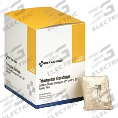 FIRST AID ONLY Triangular Bandage: 56 in Overall Lg (MPN J578). Key specifications — Brand: FIRST AID ONLY; Color: Brown; Material: Muslin; Includes: (2) Safety Pins.