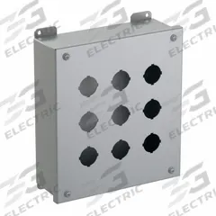 HAMMOND Push Button Enclosure: 30mm, 9 Holes, Carbon Steel, NEMA 12/13 (MPN 1435K). Key specifications — attr211299: HAMMOND; attr1043605: Indoor Dust & Water Droplets.