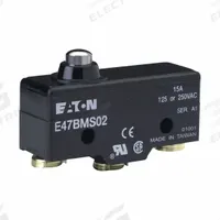 EATON Snap Action Switch: Plunger Actuator, SPDT, Screw Terminals (MPN E47BMS02). Key specifications — AC Contact Rating: 15 A @ 250 V; Electrical Connection: Screw Terminals; Series: E47; Brand: EATON.