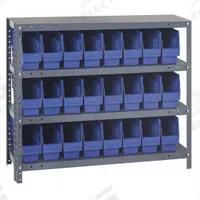 QUANTUM STORAGE SYSTEMS Bin Shelving: 36 in x 18 in x 39 in, 1 Sided, 24 Bins, Open, Shelf Bin, Blue (MPN 1839-SB803BL). Key specifications — Includes Bins: Yes; Bin Material: Polypropylene; Frame Color: Gray; Bin HxWxD: (24) 8 in x 4-3/8 in x 17-7/8 in; Frame Material: Steel; Bin Color: Blue; Bin Style: Shelf; Brand: QUANTUM STORAGE SYSTEMS.