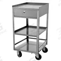 APPROVED VENDOR General Purpose Steel Mobile Workstation: Fixed Ht, Stainless Steel (MPN 23AR43). Key specifications — For Environment: Clean Rooms; For Location: Indoor; Assembly: Fully Assembled; Wheel Material: Rubber; Frame Material Finish: Stainless Steel; Maximum Shelf Load Capacity: 300 lb; Drawer Depth: 15-1/2 in; Drawer Height: 3-1/2 in.