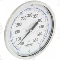 ASHCROFT Dial Thermometer: 50°F to 550°F /10°C to 290°C, ±1% Accuracy, 2.5 in Stem Lg, 5 in Dial Dia (MPN 50EI60R). Key specifications — Accuracy: ±1 %; Brand: ASHCROFT.