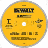 DEWALT Diamond Saw Blade: 7 in Blade Dia., 5/8 in Arbor Size, Wet, For Angle Grinder/Circular Saw (MPN DW4760). Key specifications — attr1097734: Wet; attr1097738: Angle Grinder; attr1097751: DEWALT.