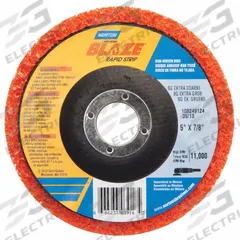 NORTON Non-Woven Depressed Center Disc: 5 in x 7/8 in, Ceramic, Extra Coarse, Blaze Rapid Strip (MPN 66623303916). Key specifications — Series: Blaze Rapid Strip; Brand: NORTON.