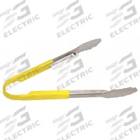 CRESTWARE Uncoated Scalloped Tongs: Stainless Steel Blade, 12 in Overall Lg, Yellow, NSF Certified (MPN CG12Y). Key specifications — Color: Yellow; Brand: CRESTWARE; Coated Handle: No; NSF Certified: Yes.