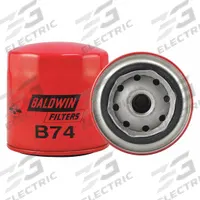 BALDWIN FILTERS Oil Filter: B74, LF4016, 3/4"-16 Thread Size, 4 in Overall Ht, 3 3/4 in Outside Dia. Key specifications — Baldwin Interchange: B74; FleetGuard Interchange: LF4016; Brand: BALDWIN FILTERS; Compatible Vehicle Make: New Holland; Includes: 20 psid Bypass Valve; Media Material: Cellulose.