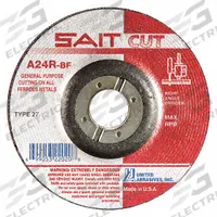 SAIT Depressed Center Cut-Off Wheel: Type 27, 4 1/2" x 3/32" x 7/8", Aluminum Oxide, 24 Grit, A24R (MPN 22020). Key specifications — Series: A24R; Brand: UNITED ABRASIVES-SAIT.