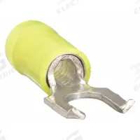 STA-KON Fork Terminals: Yellow, Nylon, #8 Stud Size, 12 AWG – 10 AWG Wire Range, Flanged Fork, 600 V (MPN RC10-8FS). Key specifications — Barrel Style: Insulation Grip; Manufacturer Part Number: RC10-8FS; Brand: STA-KON; Series: RC1223.