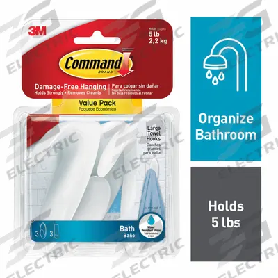 COMMAND Towel Hook: 4 3/4 lb Wt Capacity, 1 Points per Hook, White, 4 in Overall Ht - Bath & Wet Location Adhesive-Backed Hooks
