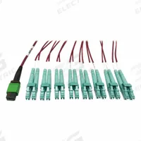 EATON TRIPP LITE MPO Breakout Cables: (1) 16F MPO/PC Female (Green) x (8) LC Duplex Male (Aqua), OM4 (MPN N846D-03M-16EMG). Key specifications — Fire Rating: Plenum; Fiber Type: OM4; Brand: EATON TRIPP LITE; End 1 Connection Gender: Female; End 1 Contact Type Finish: PC; End 2 Connection Gender: Male; End 2 Contact Type Finish: PC; _MPO Cable Connector Design: (1) 16F MPO/PC Female (Green) x (8) LC Duplex Male (Aqua).