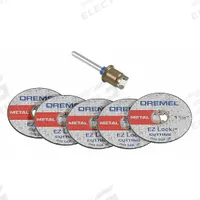 DREMEL Cut-Off Wheel Kit: 1 1/2 in Wheel Dia, 0.05 in Wheel Thick, Reinforced Fiberglass, EZ Lock (MPN EZ406-02). Key specifications — attr1097403: Reinforced Fiberglass; attr1097412: DREMEL.