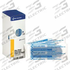 FIRST AID ONLY Adhesive Bandage: Strip Bandages, 1 in Wd, 3 in Lg, Metal Detectable, Fabric, Strip (MPN FAE-3011). Key specifications — Product Type: Strip Bandages; Unitized: Unitized; Water Resistance: Not Water Resistant; Brand: FIRST AID ONLY; Latex Content: Latex Free; Metal Detectable: Metal Detectable; Manufacturer Part Number: FAE-3011; Bandage Material: Fabric.