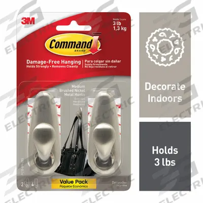 COMMAND Hook: 3 lb Wt Capacity, 1 Points per Hook, Nickel, 3 1/4 in Overall Ht - Indoor Decorative & Utility Adhesive-Backed Hooks