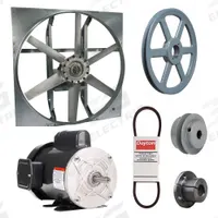Exhaust Fan with Drive Package: Belt Drive, 36 in Blade, 3/4 hp, 14,345 cfm, 115/208-230V AC, 1 ph (MPN 7AR61). Key specifications — Frame Finish: Zinc Plated; Assembled: Unassembled; Brand: DAYTON; Nameplate Voltage: 115/208-230V AC; Frame Material: Steel; Guard Type: None; Method of Construction: Cast; Motor Insulation: Class B.