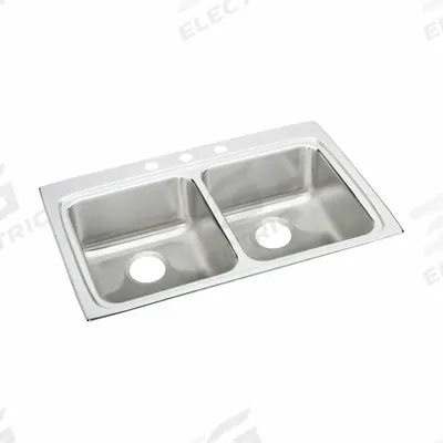 JUST MANUFACTURING Bowl Drop-In Sink: 33 in Overall Lg, 22 in Overall Wd, 6 in Bowl Dp - Two-Bowl Counter-Mounted Kitchen & Bar Sinks without Faucets