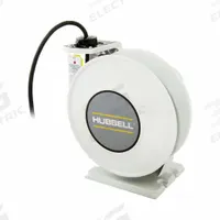 HUBBELL WIRING DEVICE-KELLEMS Extension Cord Reel: Ratchet Lock, 25 ft Cord Lg, 12 AWG, SOW, White (MPN HBLW25123W). Key specifications — Retractable Cord Ending NEMA Configuration: Bare Wire; Voltage: 600V AC; Brand: HUBBELL WIRING DEVICE-KELLEMS.