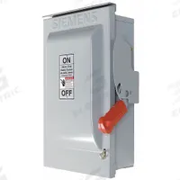 SIEMENS Safety Switch: Fusible, 60 A, Three Phase, 600V AC, Galvanized Steel, Indoor/Outdoor (MPN HF362NR). Key specifications — Brand: SIEMENS.