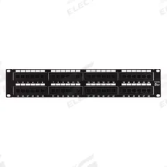 MONOPRICE Patch Panel: Flat, 2 Rack Units, 48 Ports, 6, 110 IDC, Steel, 2 3/8 in Overall Ht, 7305. Key specifications — Brand: MONOPRICE; Compatible Cable Performance Category: 6; Material: Steel; _Port Labeling: Front & Rear Numbered; _Rear Termination: 110 IDC; _Shielded: Unshielded.