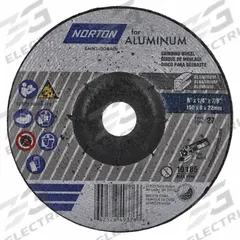 NORTON Depressed Center Wheel: Type 27, 6" x 1/4" x 7/8", Aluminum Oxide, 20 Grit (MPN 66252849376). Key specifications — Series: Norton for Aluminum; Brand: NORTON.