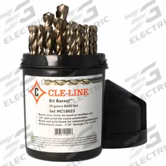 CLE-LINE Jobber Length Drill Bit Set: 29 Pc, 1/16" to 1/2" by 64ths, 135° Split Point, Fast Spiral (MPN C18623). Key specifications — attr1236168: Round Plastic Index.