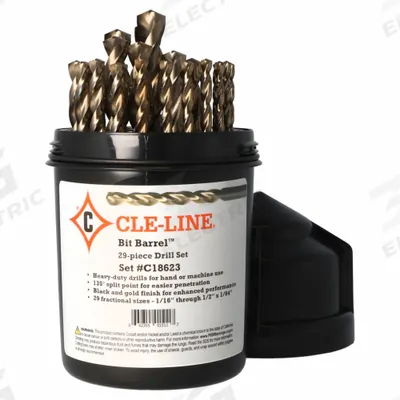 CLE-LINE Jobber Length Drill Bit Set: 29 Pc, 1/16" to 1/2" by 64ths, 135° Split Point - Chip-Clearing High-Speed Steel Jobber-Length Drill Bit Sets