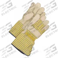 BDG Leather Gloves: L ( 9 ), Cowhide, Premium, Glove, Full Finger, Gauntlet Cuff, Wing Thumb, 1 PR (MPN 40-1-2812EY5). Key specifications — Brand: BDG; Glove Back Color: Blue/Yellow; Glove Back Material: Cotton Canvas; Glove Liner Material: Cotton Fleece; Oil Resistant: No; Reflective Backing: No; Includes Double Palm: No; Palm Color: Beige.