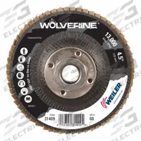 WEILER Flap Disc: Type 27, 4-1/2" x 5/8"-11, Zirconia Alumina, 60 Grit, Phenolic Bk, Std Density (MPN 31409). Key specifications — Connector Size: 5/8"-11; Series: Wolverine; Backing Plate Material: Phenolic; Brand: WEILER.