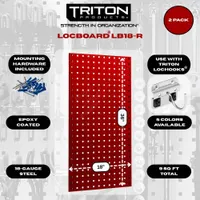 TRITON PRODUCTS Stationary Pegboard Panels: Square, 3/8 in Peg Hole Size, 36 in x 18 in x 9/16 in (MPN LB18-R). Key specifications — Material: Steel; Finish: Epoxy Coated; Peg Hole Shape: Square; Includes: Mounting Hardware; Color: Black; Brand: TRITON PRODUCTS.