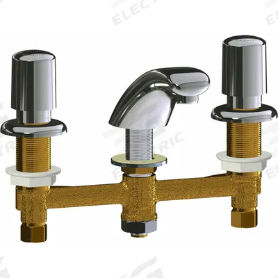 CHICAGO FAUCETS Handle-Operated Faucet: 404, Centerset, Cast Brass, Polished Chrome Finish - Widespread Push-Button Metering Bathroom Faucets